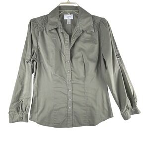LOFT Petites Shirt Womens MP‎ Green Smocked Shoulder Button Front